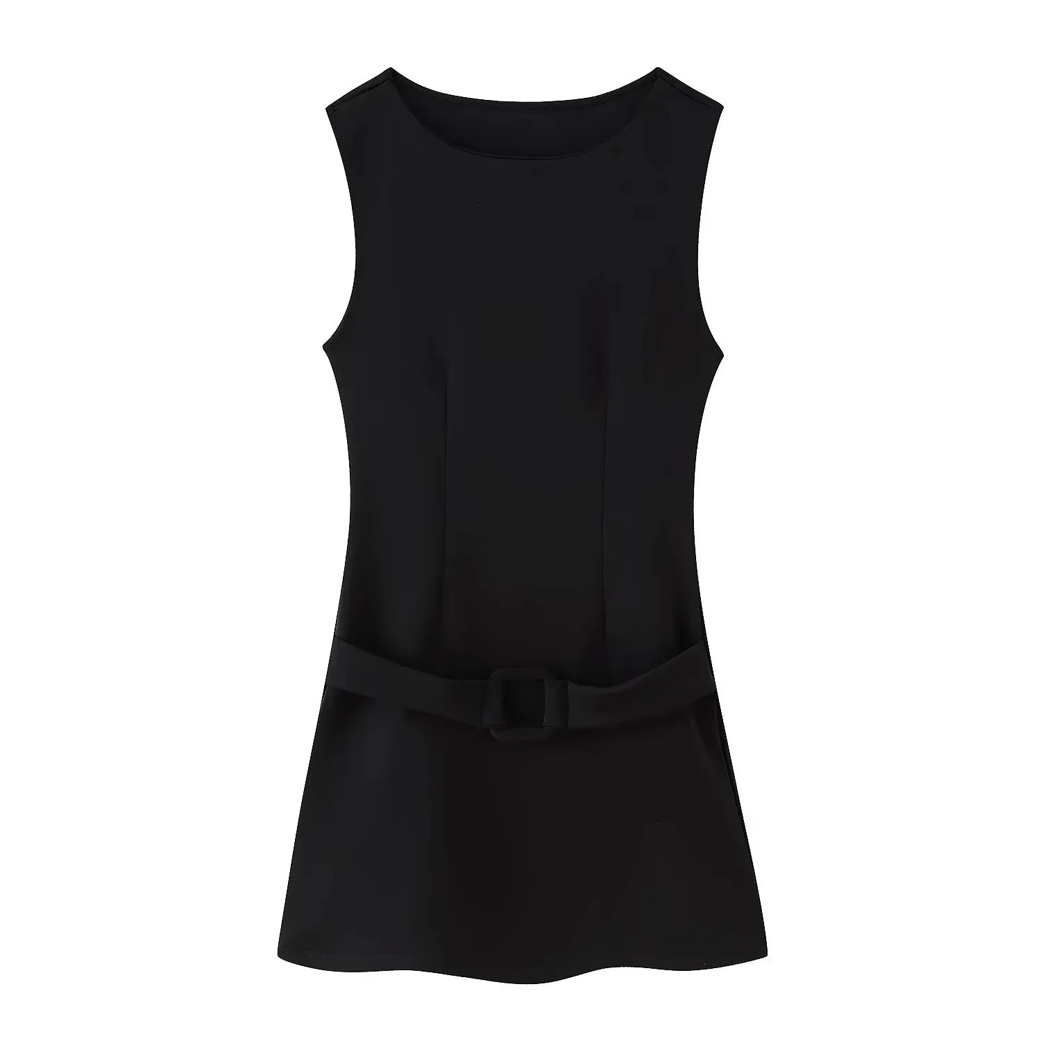 Summer chic womens solid Oring waistband sleeveless straight vest fashionable office ladies elegant mini dress 250403
