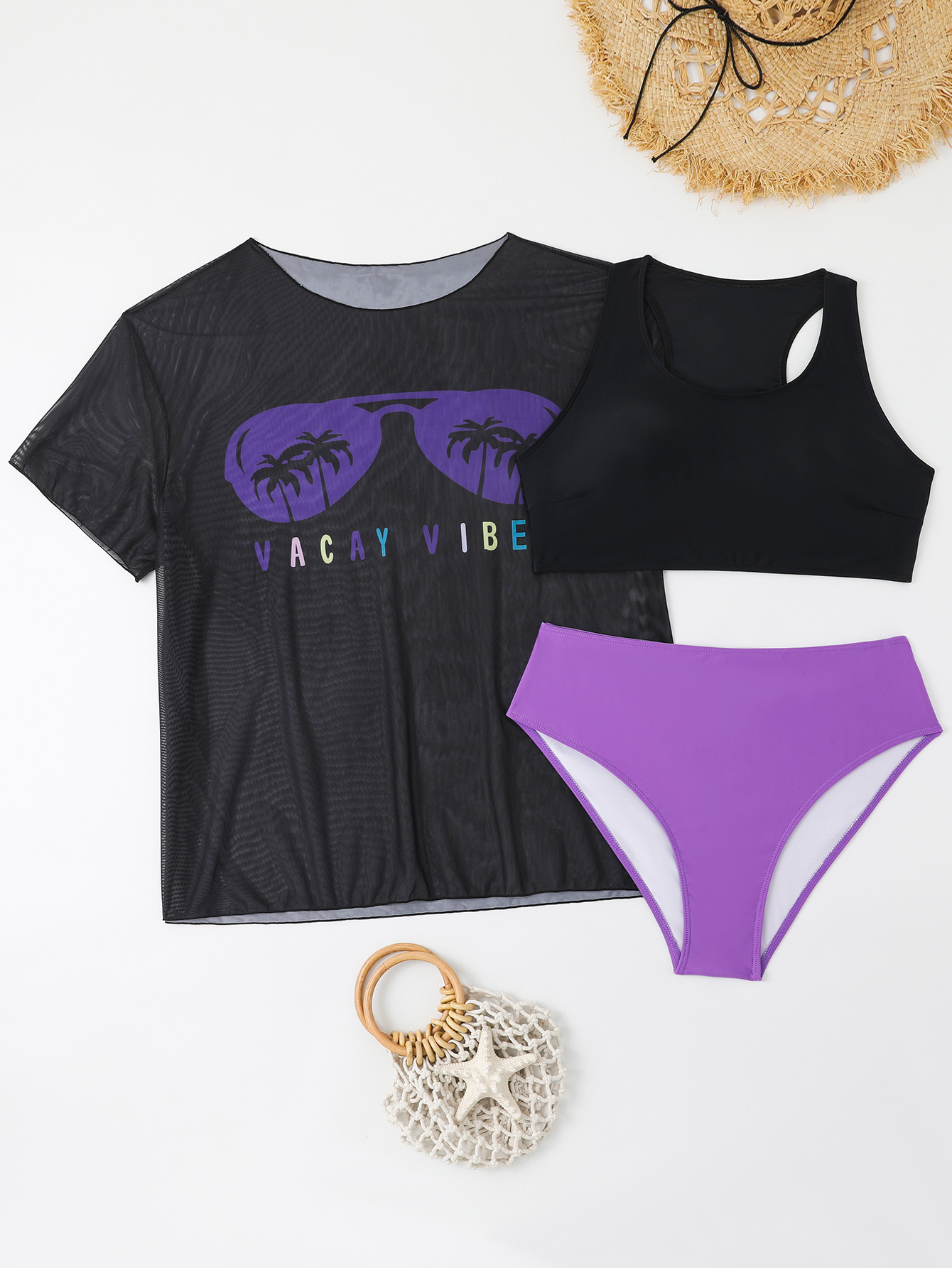 2025 New Customized Printed Mesh Transparent Hoodie Large Swimsuit Bikini 3-Piece Set