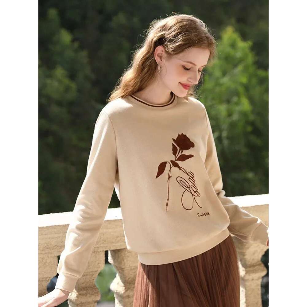 Khaki Hoodies Women Embroidery Lazy Wind Loose O-Neck Spring New Pullovers Unique Trendy Tops Lady