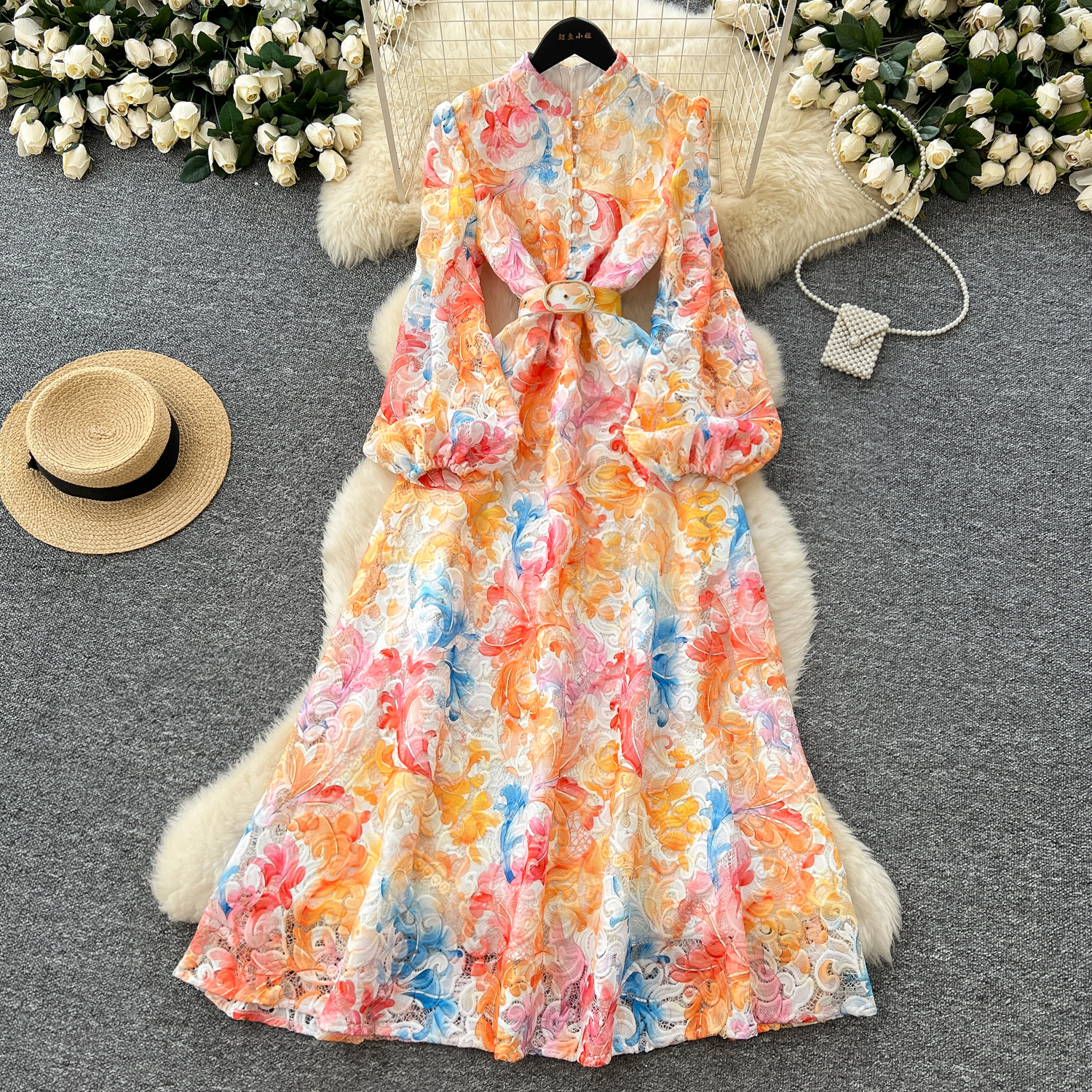 Casual Dresses Crochet Lace Embroidery Hollow Out Floral Print Maxi Dress Autumn Women Long Lantern Sleeve Pearl Buttons Up Belt Prom Clothing 2025