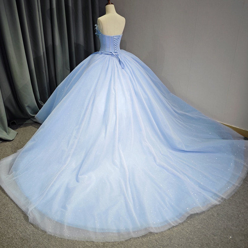 Sky Blue Shiny Princess Quinceanera Dresses Off Shoulder Beading Crystal Applique Tull Sweet 16 Dress Ball Gown Vestidos 15 De Anos