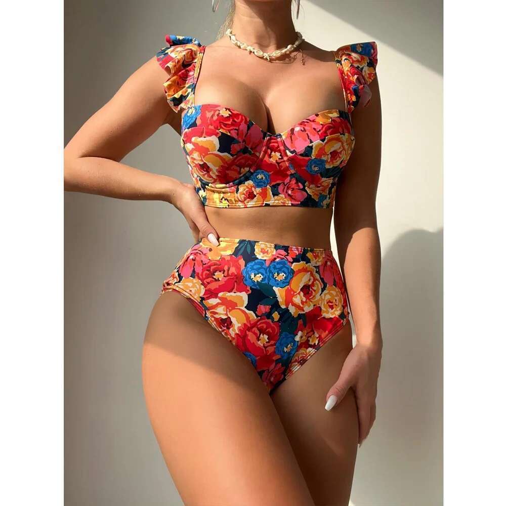 2024 ral Print Swimsuit Women 2 Piece Ruffle Bikini Sexy Underwire Push Up Bathing Suit High Waist Swimwear Summer Beachwear
