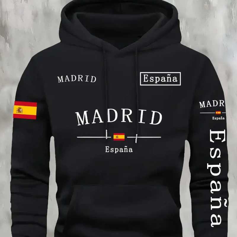 Spanish flag madrid printed Autumn and Winter Warm Cotton Mens Fleece Oversized Hoodie Outdoor Commuter Mens High Elastic top W251106
