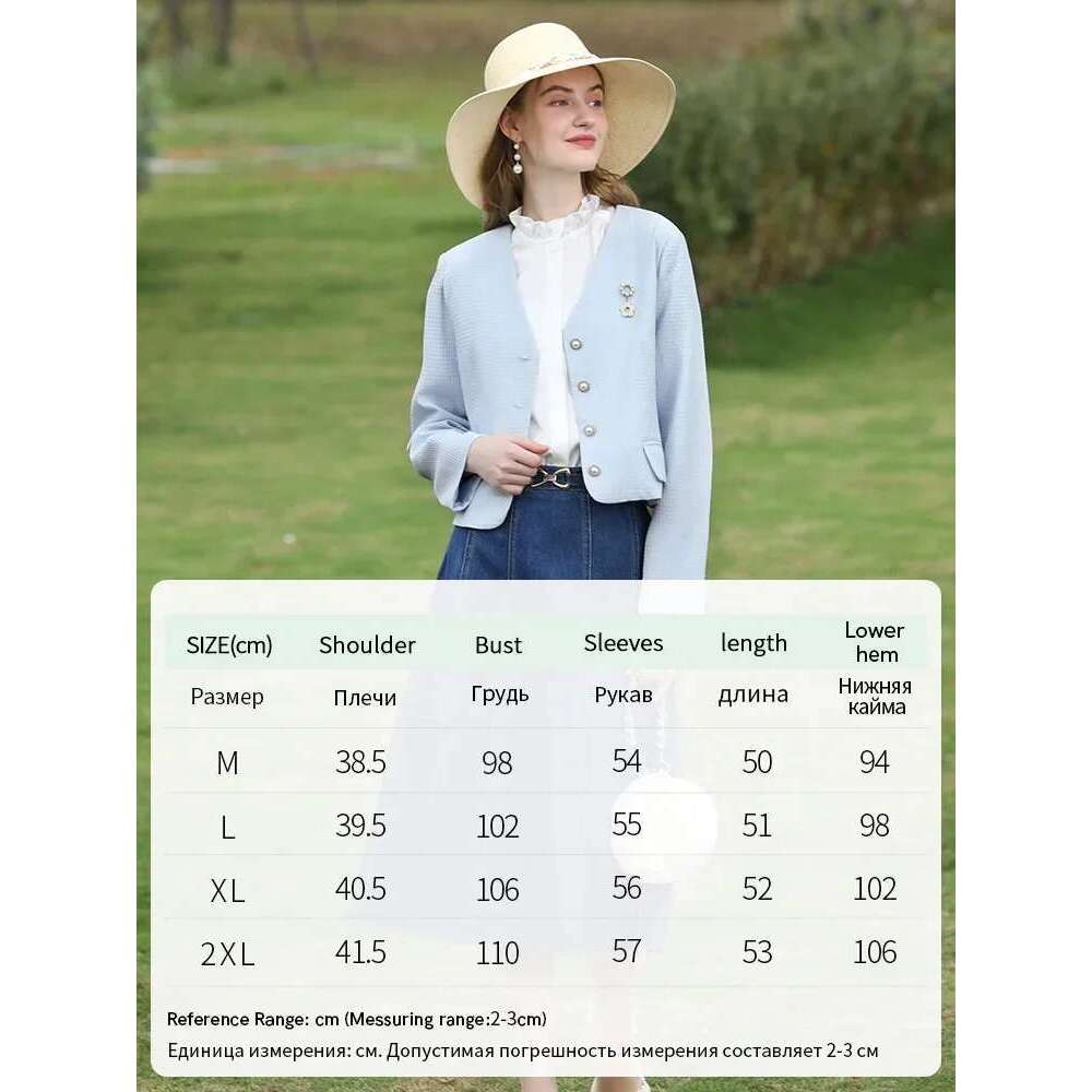 Blazers Short Coat For Women Autumn New Blue French Tweed Waffle V-Neck Fashion Gentle Chic Jacket