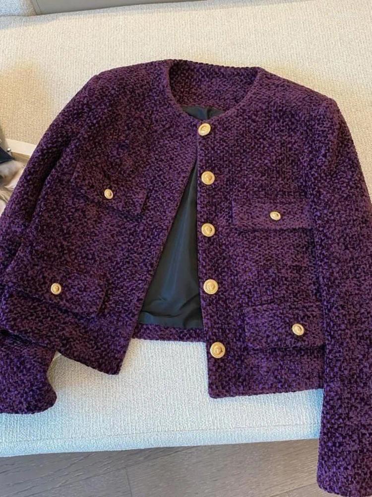Women's Jackets Jmprs Purple Retro Tweed Jacket Women Fall Winter O Neck Long Sleeve Short Coat Korean Casual Elegant Vintage Female Slim