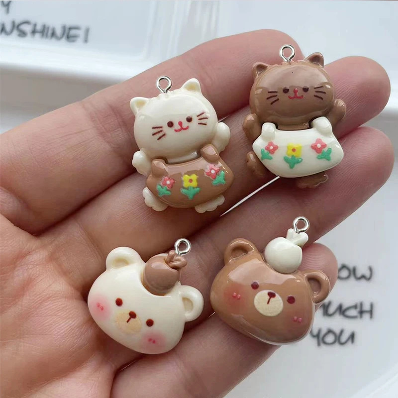 10 pieces of resin glossy milk tea color cute little rabbit panda charm animal flower star pendant for DIY jewelry making 250325