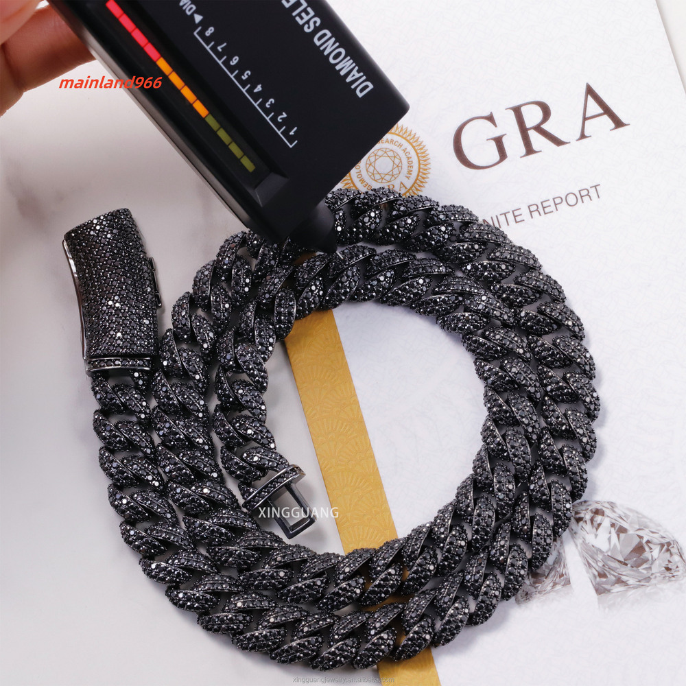 Pass Diamond Tester 13mm Black Gold Plated Hip Hop Cuban Link Chains 925 Silver Full Iced Out Black Moissanite Chains Necklace