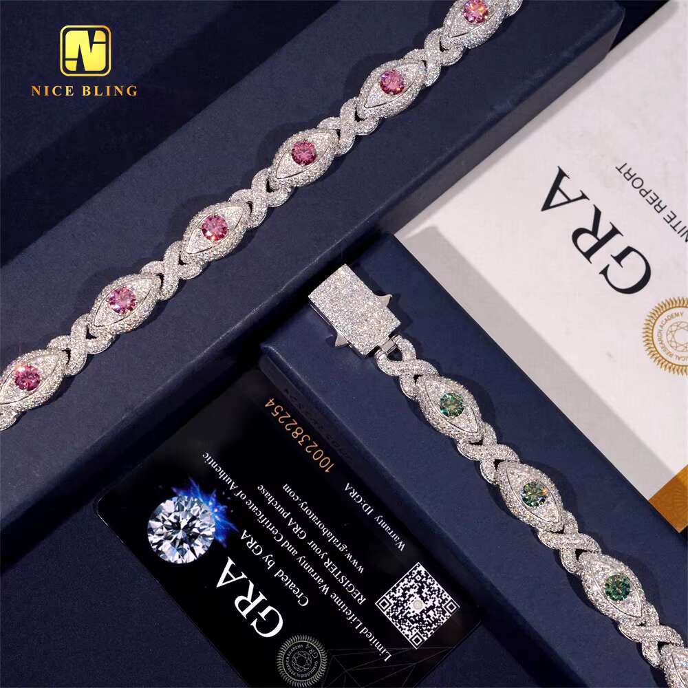 Silver Plated Bracelet Custom Iced Out Colored Moissanite Diamond Hip Hop Men Style Jewelry 925 Silver Infinity Cuban Link Chain