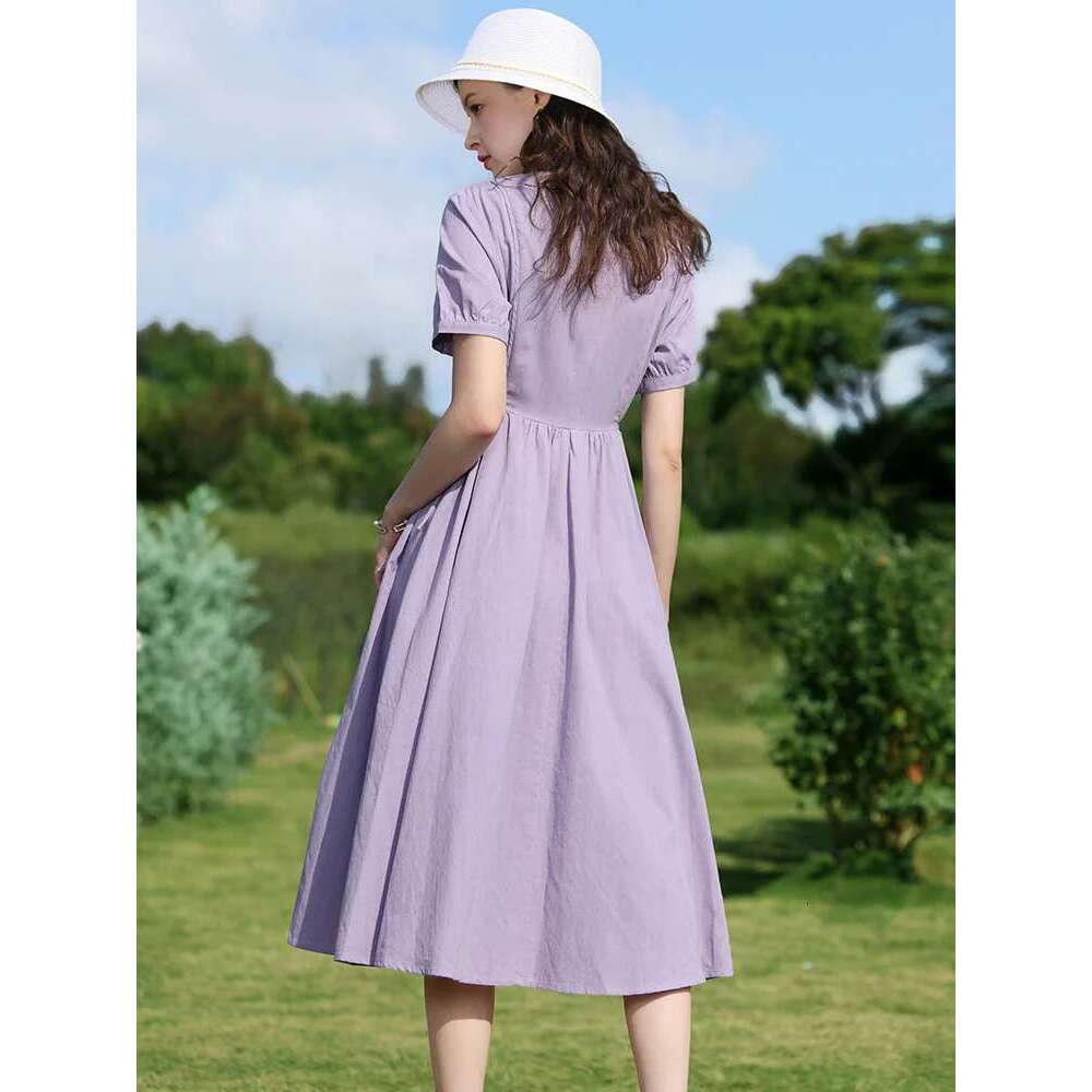 French Tea Break Short-Sleeve Women Dresses 2025 Summer New Temperament Waist Sweet Lace-Up Dress Lady