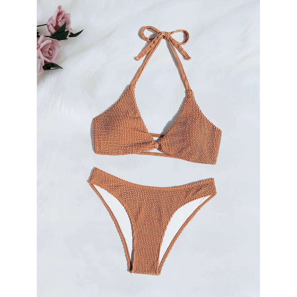 Women's Solid Color Brown 2 Piece Swimsuit 2025 New Bikini Set Sexy V-neck Halter Backless Bathing Suit Beach Vacation Swimwear