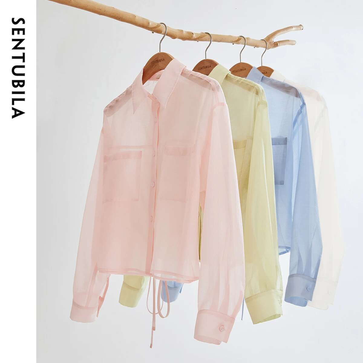 SENTUBILA Lyocell Women Shirt 2025 Spring Summer Lapel Neck Long Sleeve Crop Solid Pockets Lace-up Female Cozy Blouse 142C54323