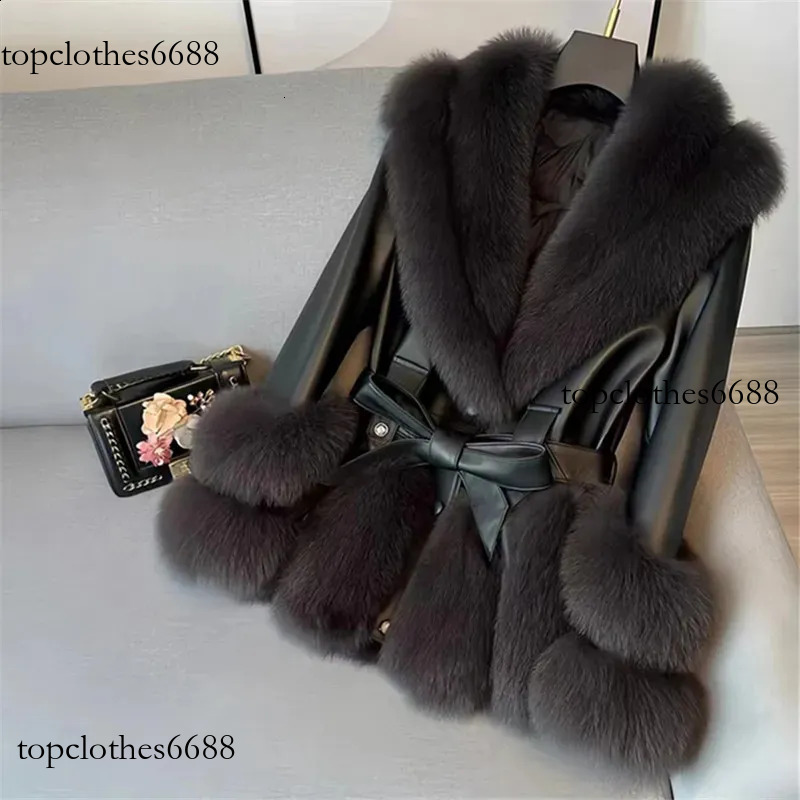 Womens Faux Fur Coat Adjustable Waist Leather Jacket Collar Thick Warm Clothing High-Quality Autumn And Winter 240827