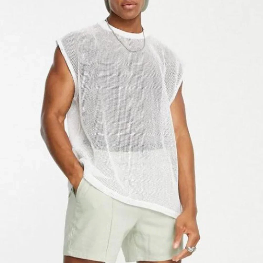 Mens mesh top summer loose white transparent hollow casual sexy vest mens nightclub T-shirt 250403