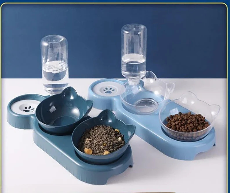 Three cat bowl pet feeder 2-in-1 double bowl with automatic drinking bottle tilting and rotating suitable for cats and dogs 250403