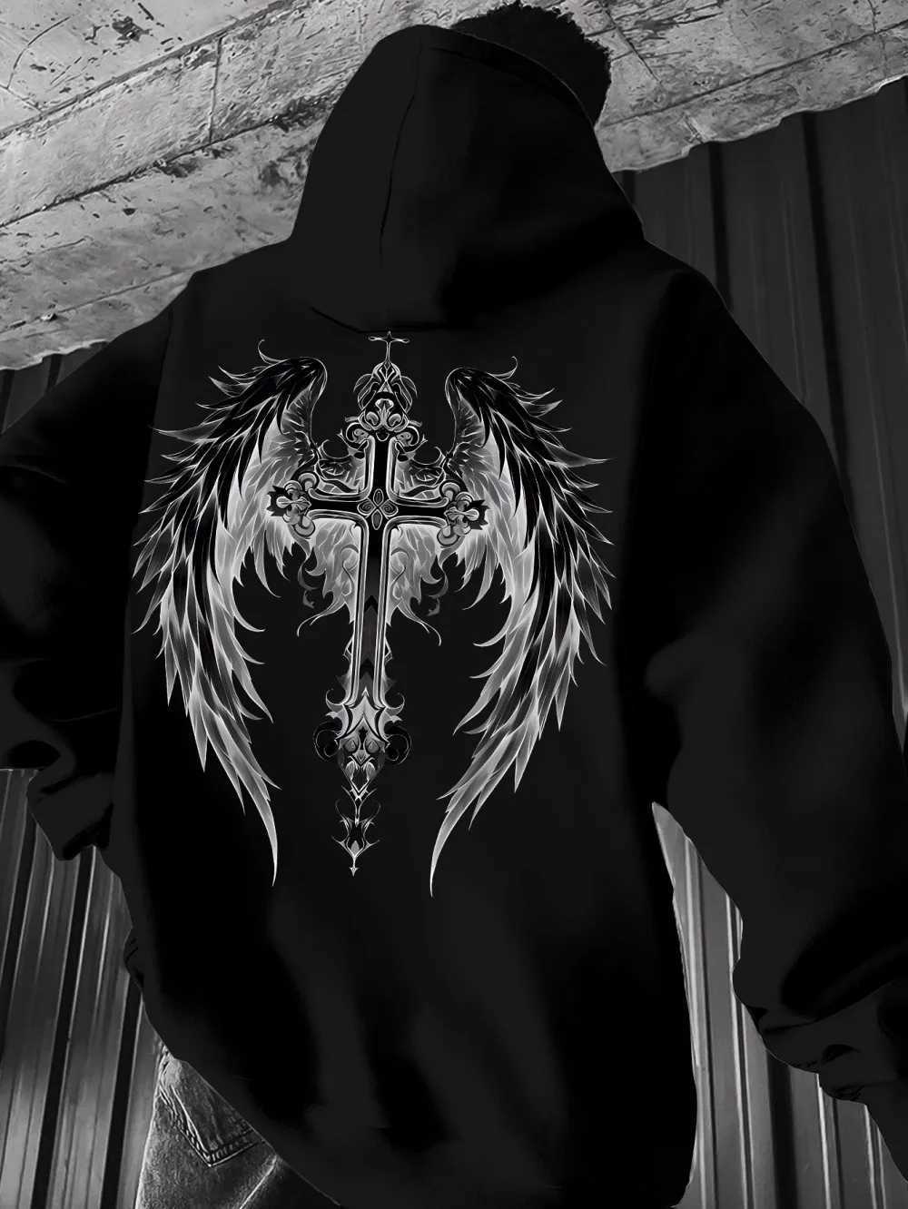 Hot selling autumn mens personalized angel wing print soft and comfortable hooded sweatshirt outdoor urban high street clothing W251106