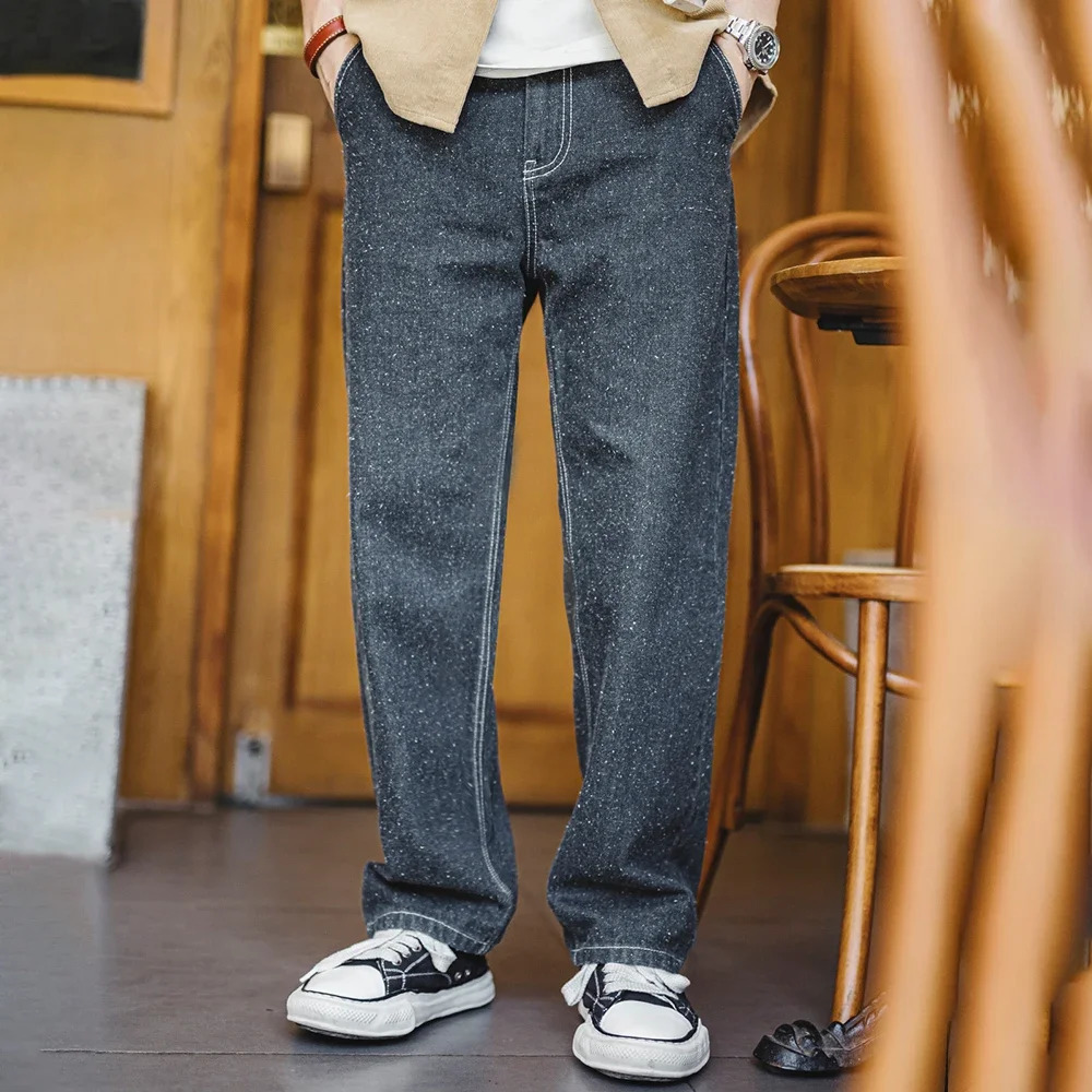 Maden mens washed blue straight pants retro snowflake denim jeans retro casual Trojan horse autumn and winter pockets 250402