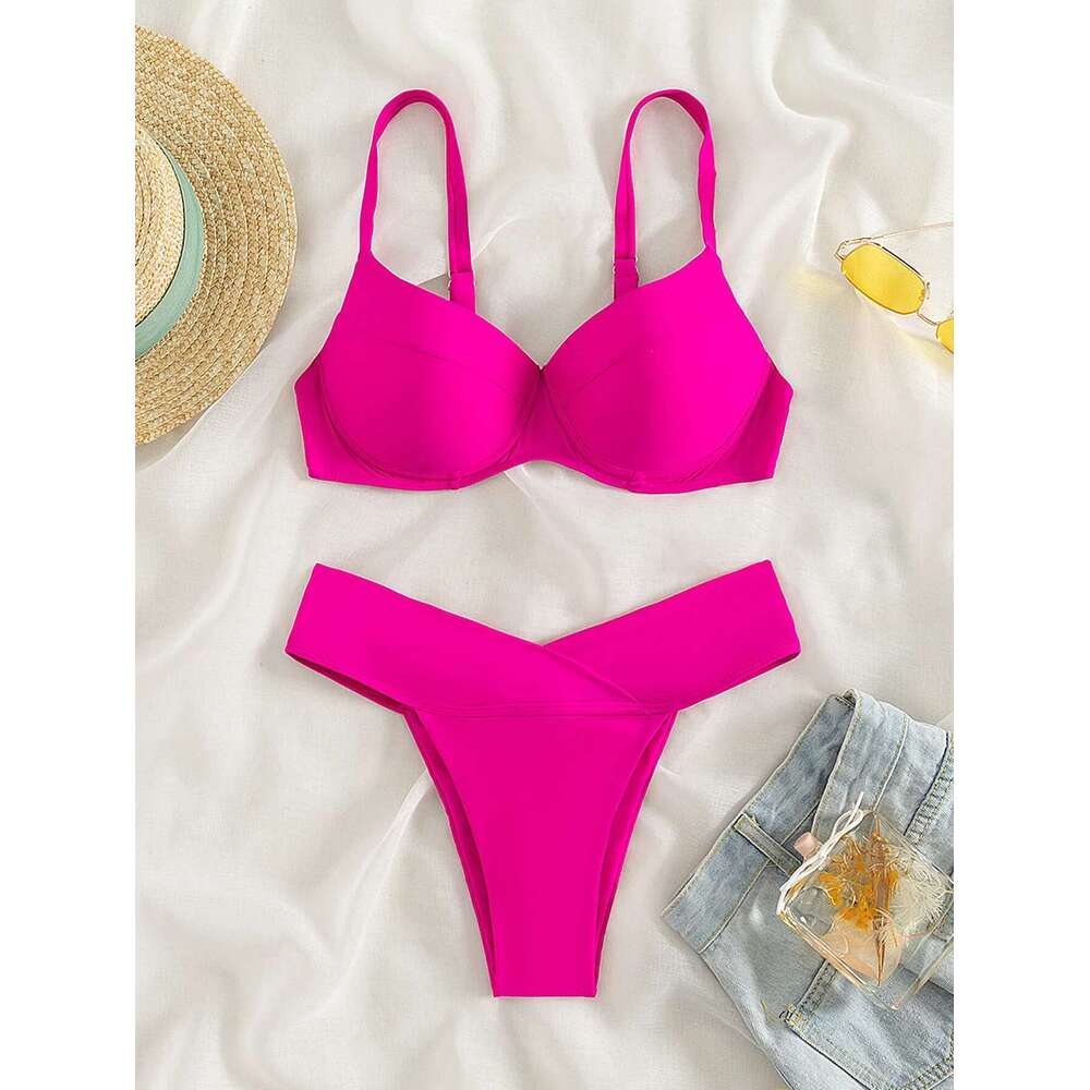 2025 Women Swimsuit Sexy Hot Pink Two Piece Bikini High Waist Underwire Suspender Swimwear Beach Bathing Suit Beachwear Summer