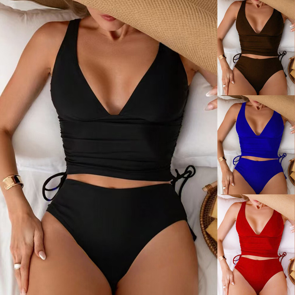 2025 drawstring slimming high waisted triangle pants split solid color bikini multi-color swimsuit for women