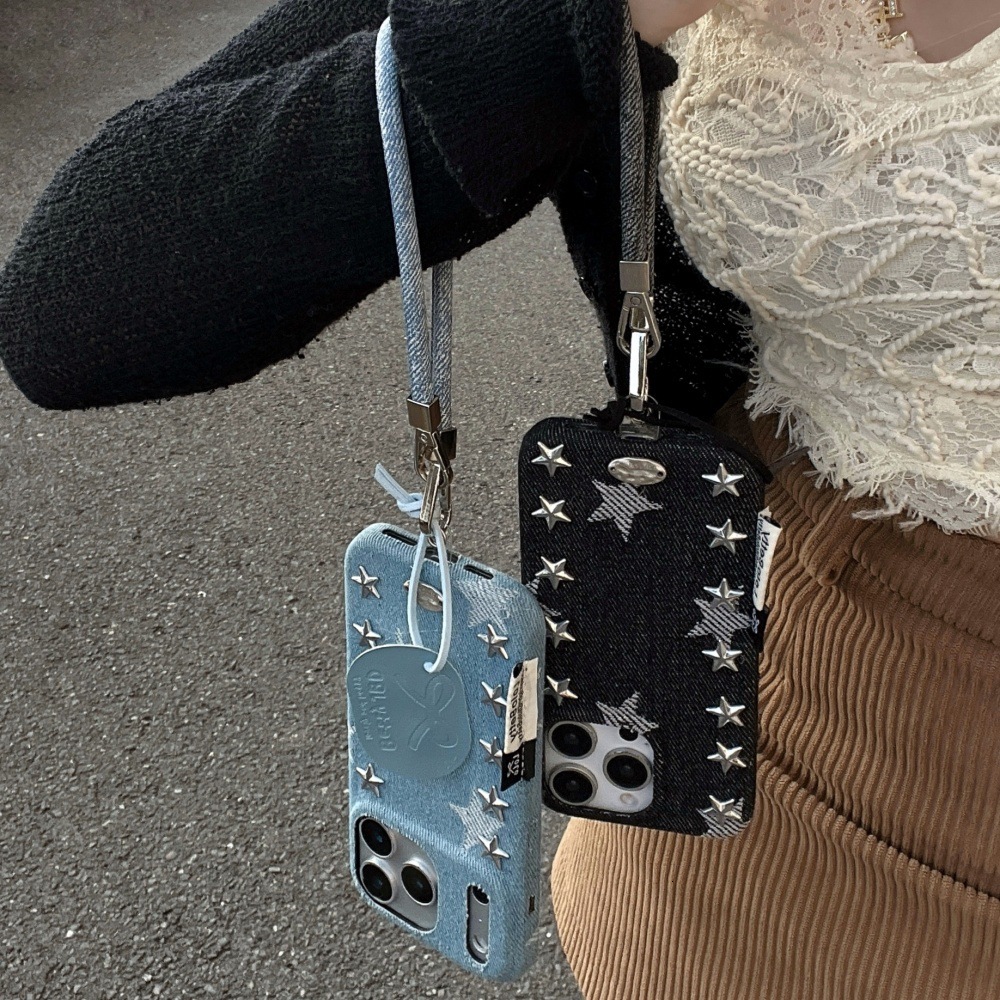 Punk Style Denim Rivet Star Phone Case Compatible with iPhone 17/16 Pro Solid Color Lanyard iPhone 15/14