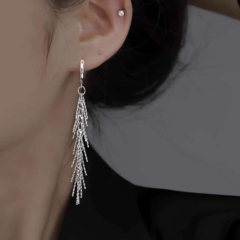 Version S Sparkg Dense Bone Tassel Women's Simple Sier Color Earrings Party Fine Jewelry Gift