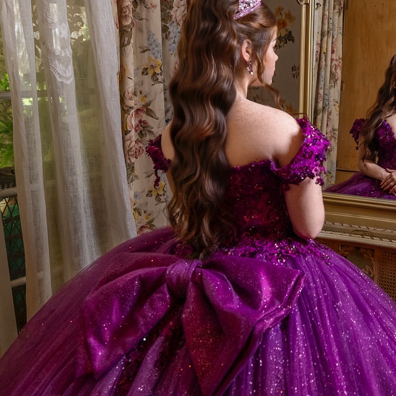 Purple Shiny Princess Quinceanera Dresses Off Shoulder Beading Crystal Applique Bow Tiered Tull Sweet 16 Dress Ball Gown Vestidos 15 De Anos