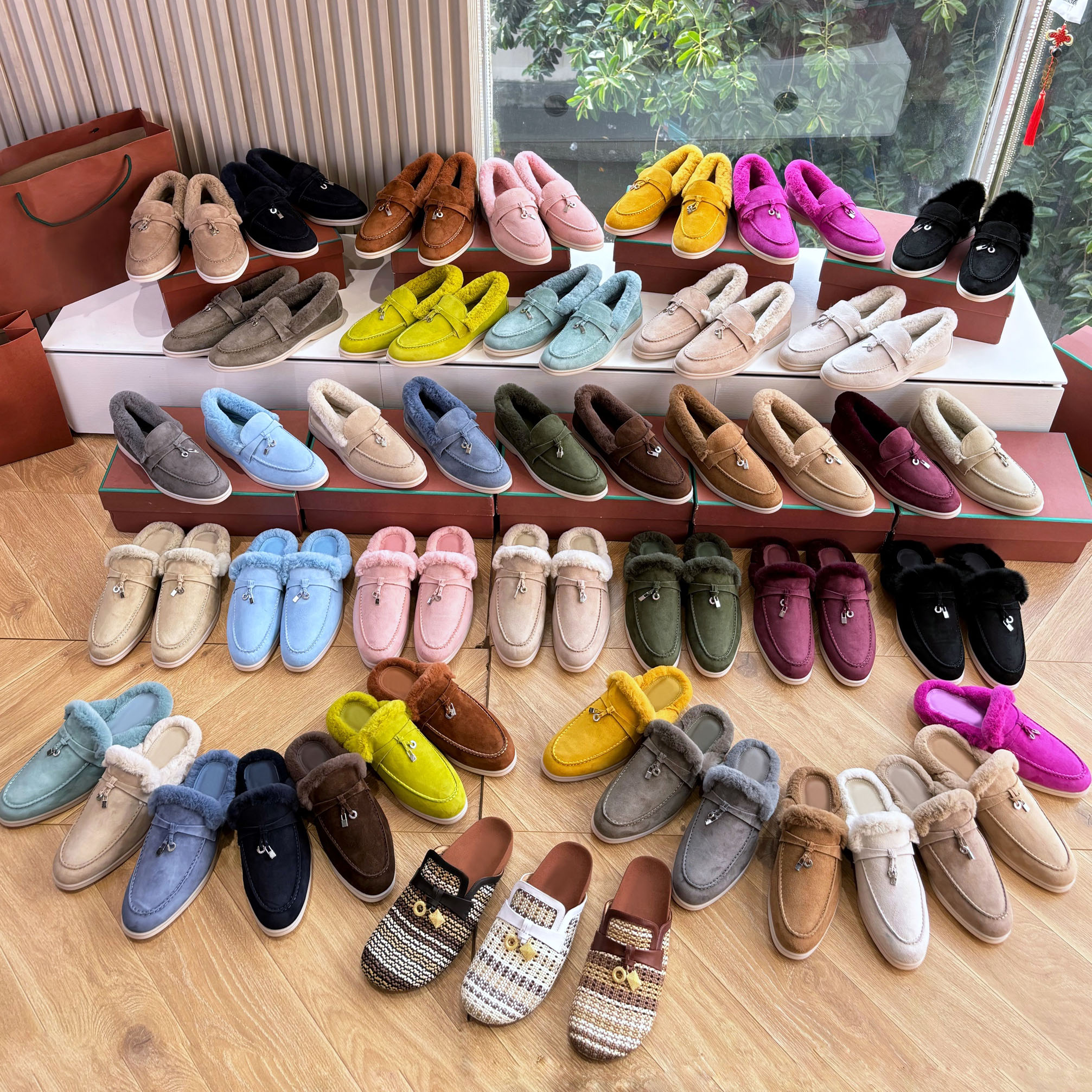 high quality LP loafers women Winter rabbit fur Slippers for Men & Women - Soft Suede Loafers Mules Sandals Slides Scuffs With Box