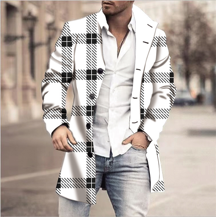 New autumn and winter mens digital printed woolen stand collar mid to long casual pocket coat jacket