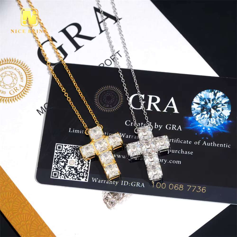 Classic Asscher Cut Women Link Chain Iced Out 925 Sterling Silver VVS Moissanite Diamond Women Jewelry Cross Pendant Necklace