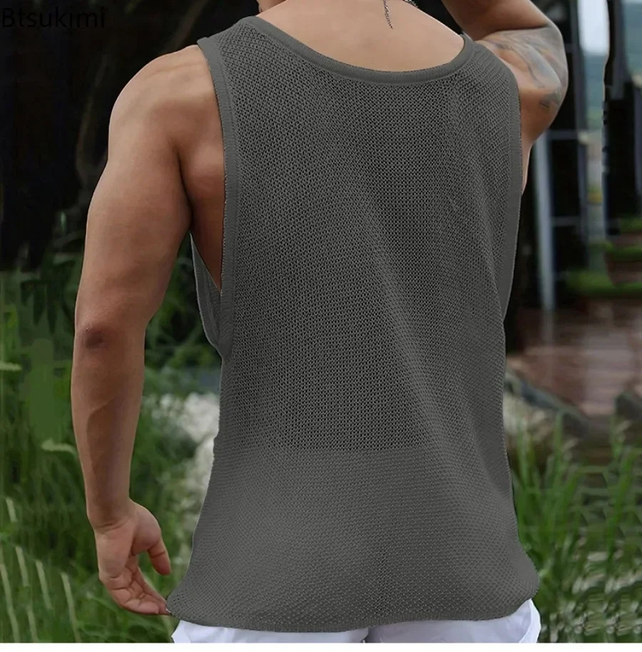 mens summer knitted vest fashion O-neck sleeveless knitted top mens casual loose hollow vest mens clothing 250403