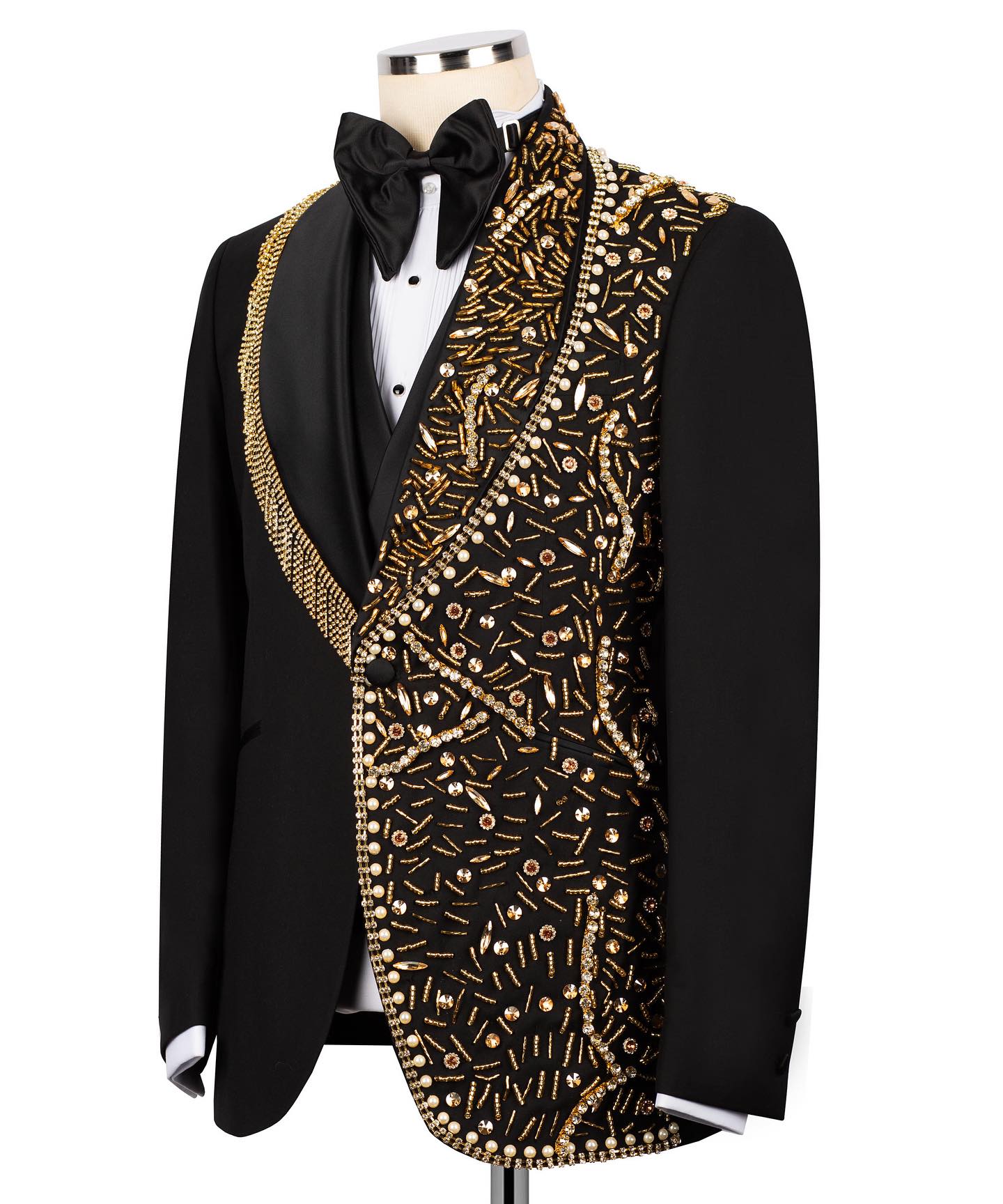Luxury Men's Suit 2 Pieces Set Jacket Pearls Crystal Groom Tailor-Made Shawl Lapel Blazer One Button Customized Coat Pants Plus Size