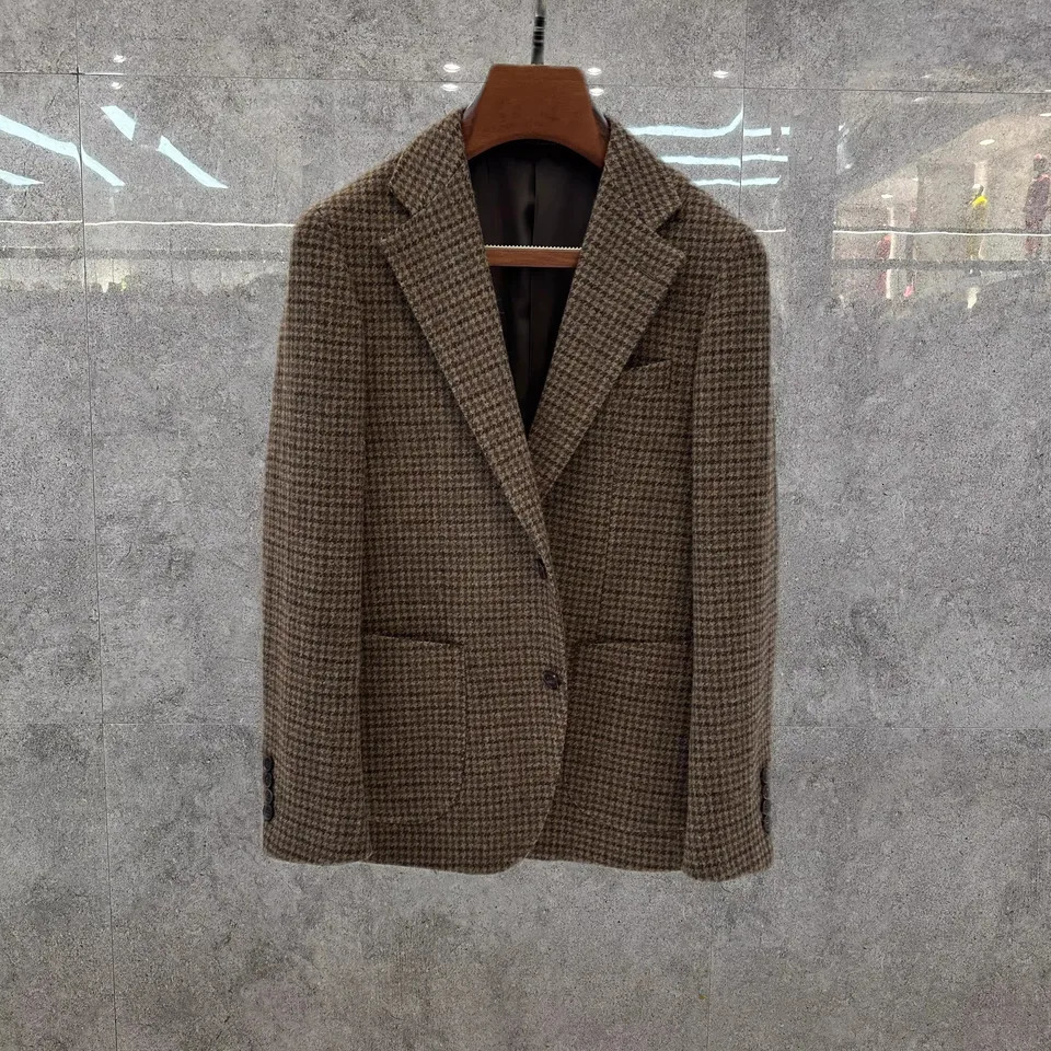 Vintage British Windsor Wool Suit Thick Autumn Winter Tweed Houndstooth Plaid Slim Fit Mens Blazer 251106