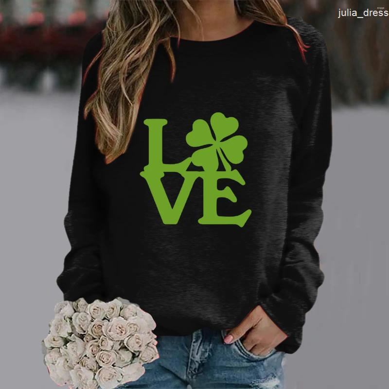 Womens Hoodies St. Patricks Day Green Sweatshirs 2024 Fashion Letter Clovers Print Long Sleeve Crewneck Casual Pullovers Tops Harajuku