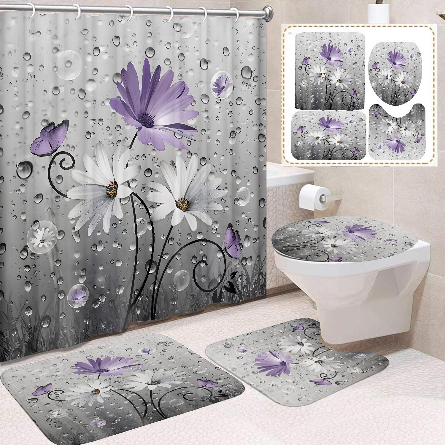 YL-37649 Factory direct sales watercolor daisy bathroom shower curtain/toilet partition curtain/no-drill curtain/shower curtain