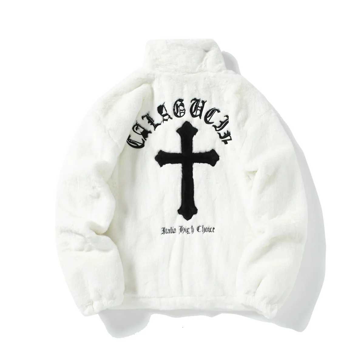 New Top Mens Rabbit Fur Fleece Jacket Hip Hop Coats Cross Letters Streetwear Casual Harajuku CoatZip Up Fashion Jackets X251106