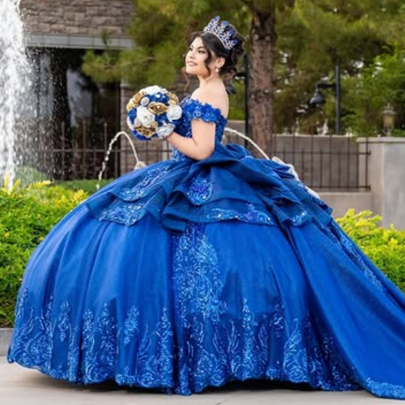 Royal Blue Shiny Princess Quinceanera Dresses Off Shoulder Beading Crystal Applique Lace Tull Sweet 16 Dress Ball Gown Vestidos 15 De Anos