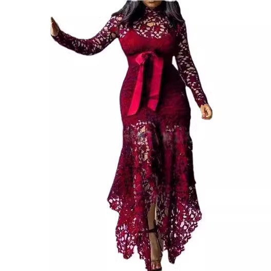 Small Batch 2025 New Womens Lace Hollow Out Long Sleeved Stand Up Collar Irregular Dress