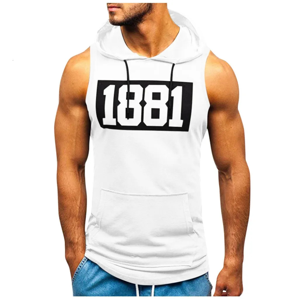 Mens Fitness Muscle Printing Sleeveless Hoodie Fitness Pocket Tight Dry Top Camisas De Hombre 250403