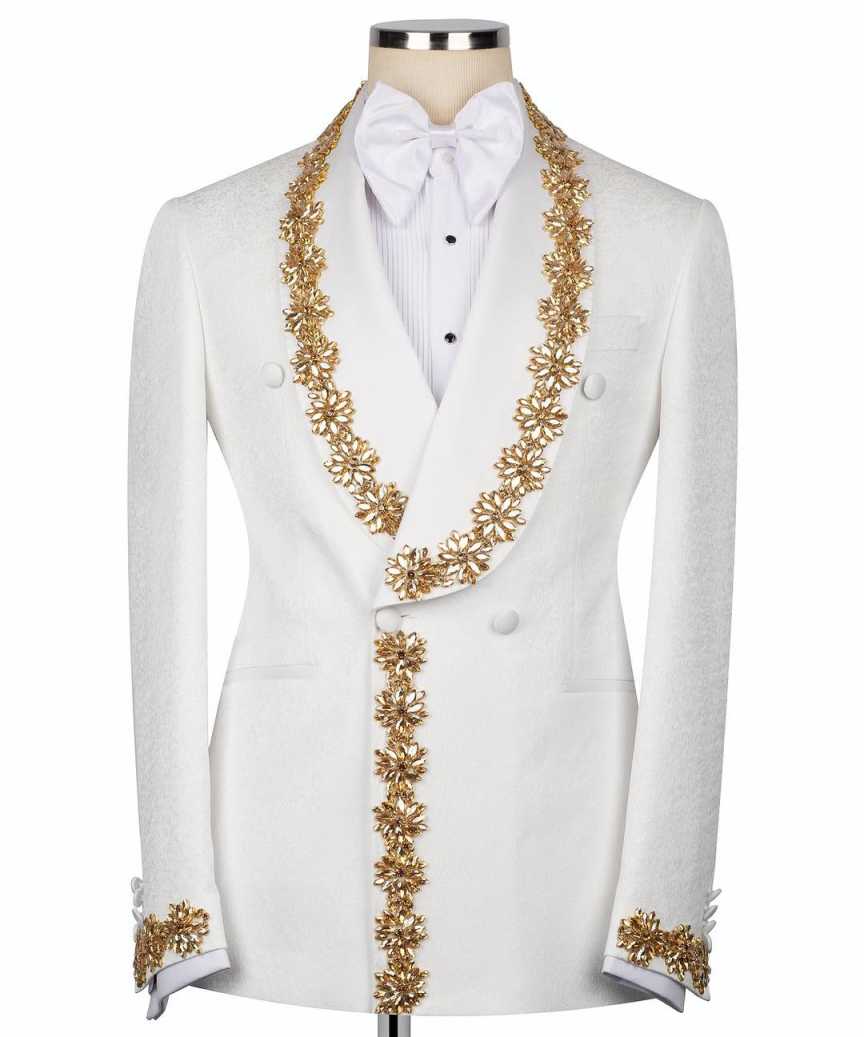 New Arrivals Two Pieces White Spring Summer Men Suits Set Blazer Pants With Shawl Lapel Gold Appliques Customized Groom Wedding Tuxedo Formal Prom Jac