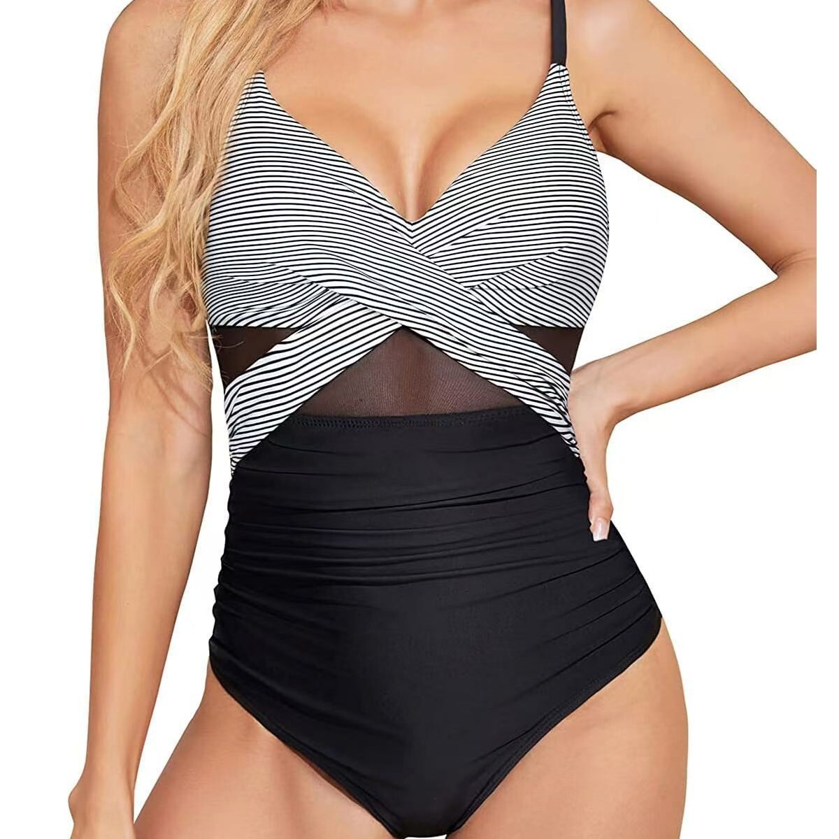 New swimsuit cross style sexy backless solid color mesh splicing one-piece bikini women