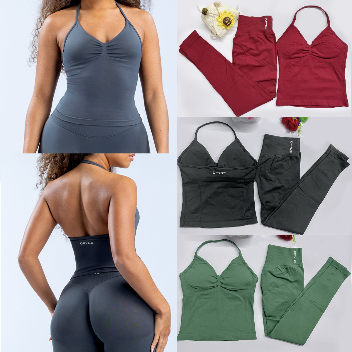 Dfyn Women two pieces Impact yoga Workout Sets Longline Strappy Top Gym pant sports leggings Set clothing Backless Tank Tops Scrunch Seamless Gym Suit Clothes