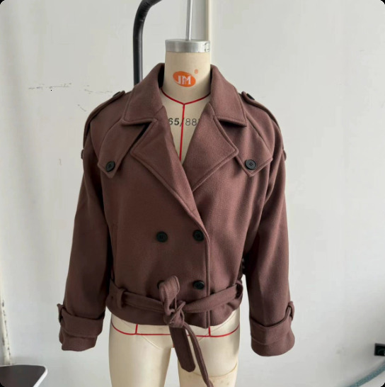 Spring Short Trench Coat For Women Fashion Double Breasted Full Sleeves Lace Up Cropped Jacket Lady Vintage High Streetwear 250801