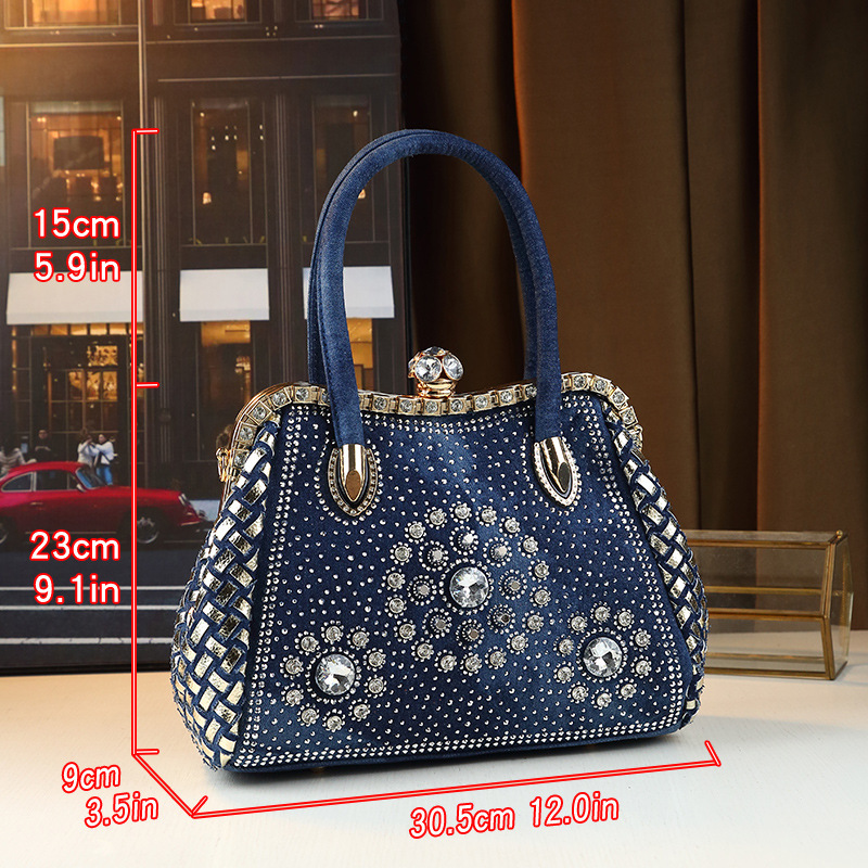 Fashionable Commuting Denim Diamond Inlaid Large Capacity Women's Trendy Single Shoulder Crossbody Bag, Clip Bag