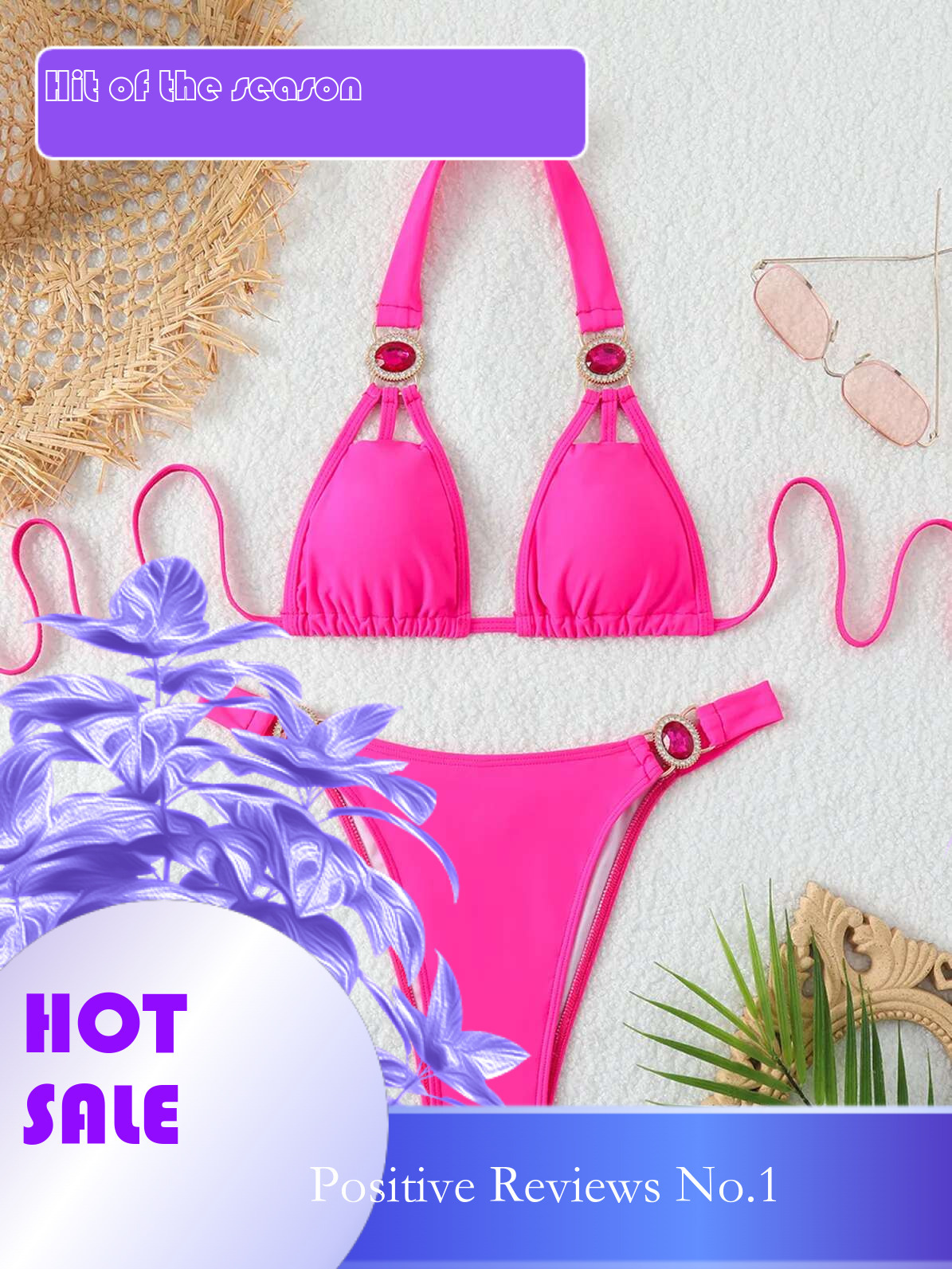 Dongdumaoyi Luxury Rhinestone Bikini Women Sexy Hot Pink Push Up Diamond Thong Swimsuit Brazilian Cut Out Bathing Suit Micro Swimwear