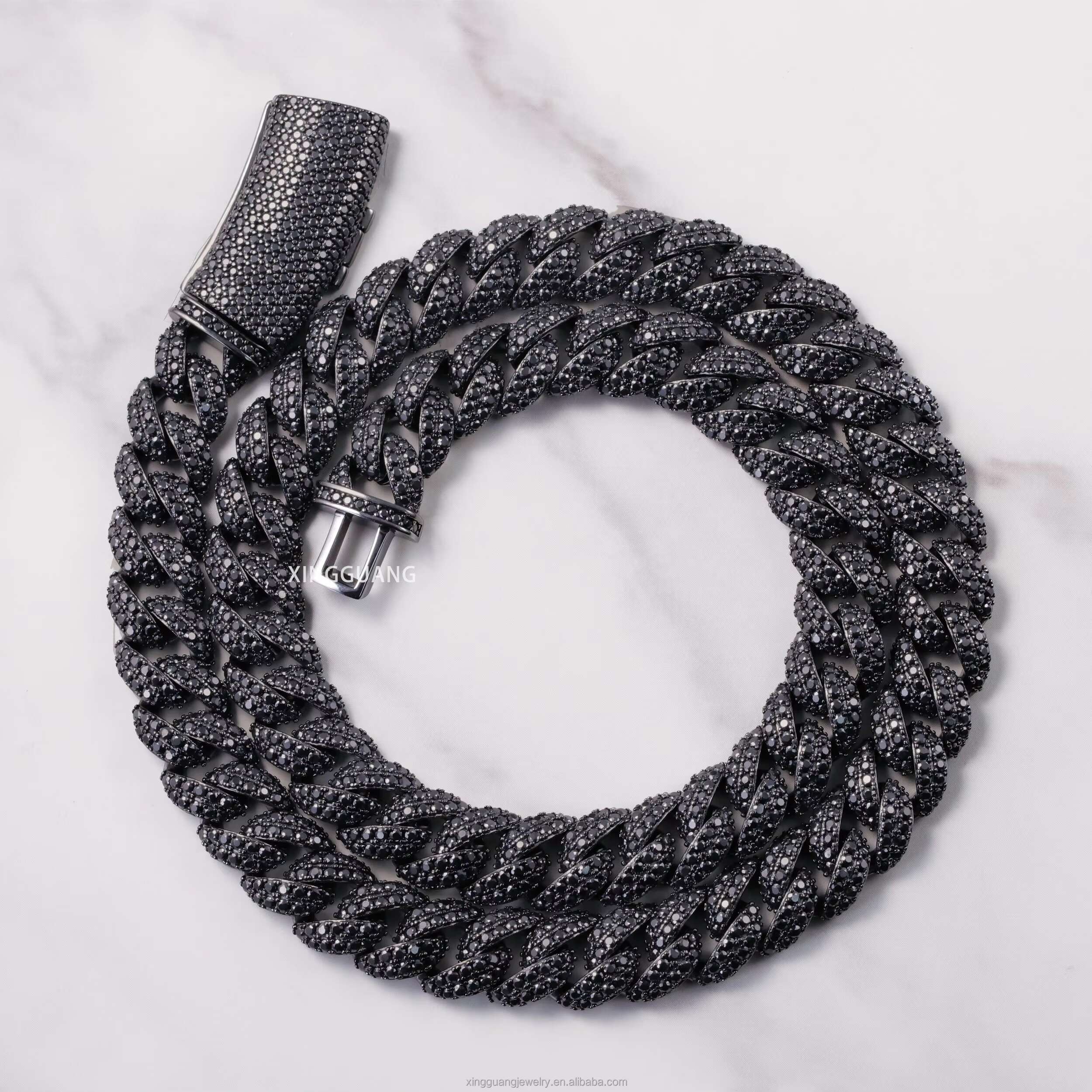 Pass Diamond Tester 13mm Black Gold Plated Hip Hop Cuban Link Chains 925 Silver Full Iced Out Black Moissanite Chains Necklace