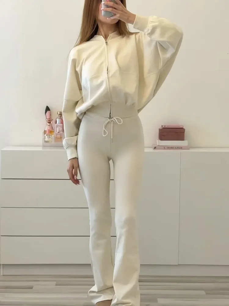 HH Women Casual Solid Coat Flared Pants Suits Long Sleeve Zipper Bomber Jackets 2025 Fashion Lady Chic Outfit 2 Piece Set 251105