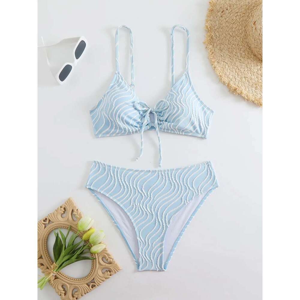 2025 New Women's Bikini Set Stripe Print 2 Pice Swimsuit Drawstring Lace-up V Neck Suspender Backless Beach Vacation Swimwear
