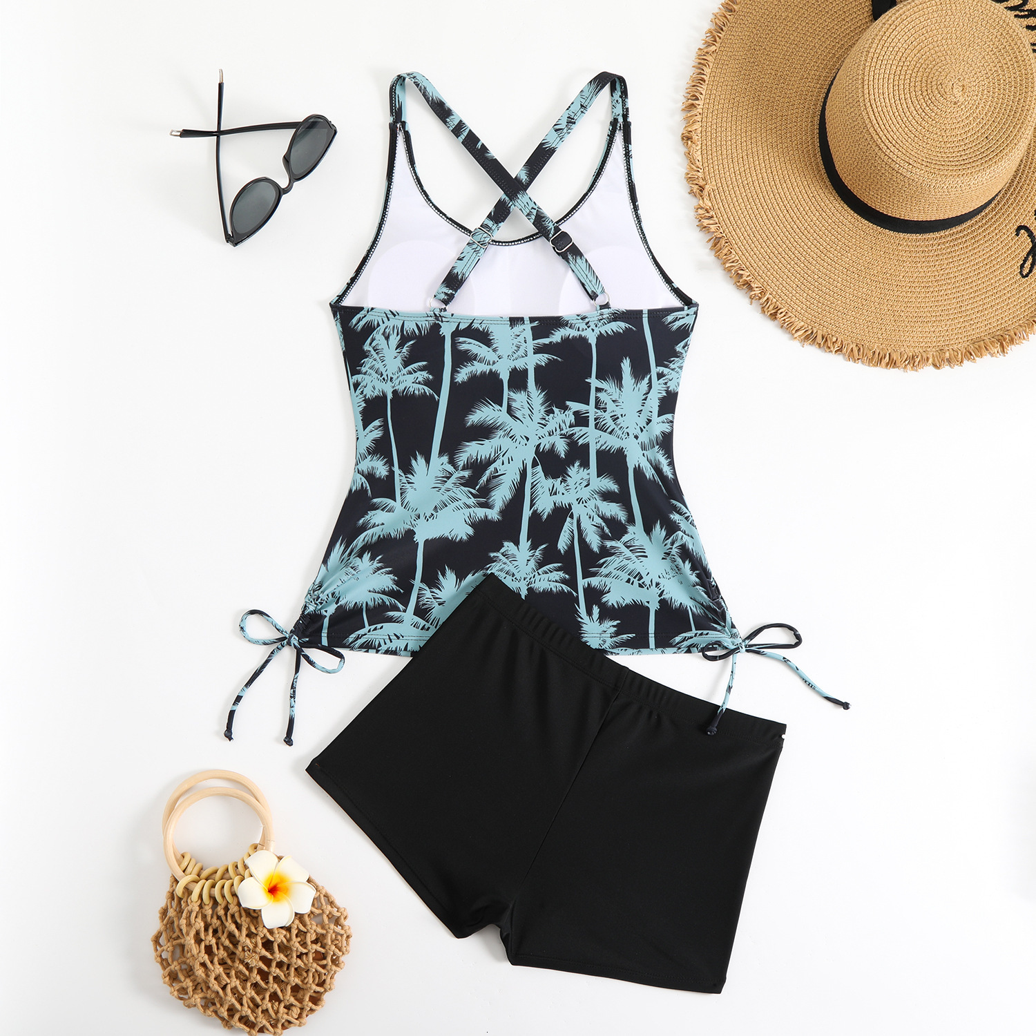 2025 new coconut tree print multi-color drawstring slimming solid color boxer shorts swimsuit for women