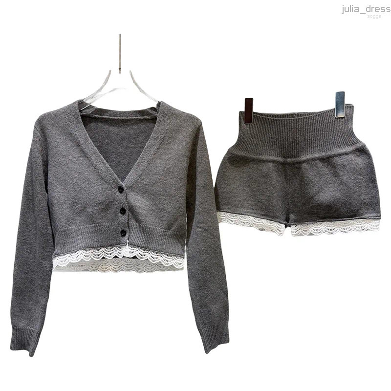 Womens Tracksuits 2024 Autumn Arrival Lace Petals Knitted Cardigans Short Coat High Waist Shorts Two Piece Set Outfits