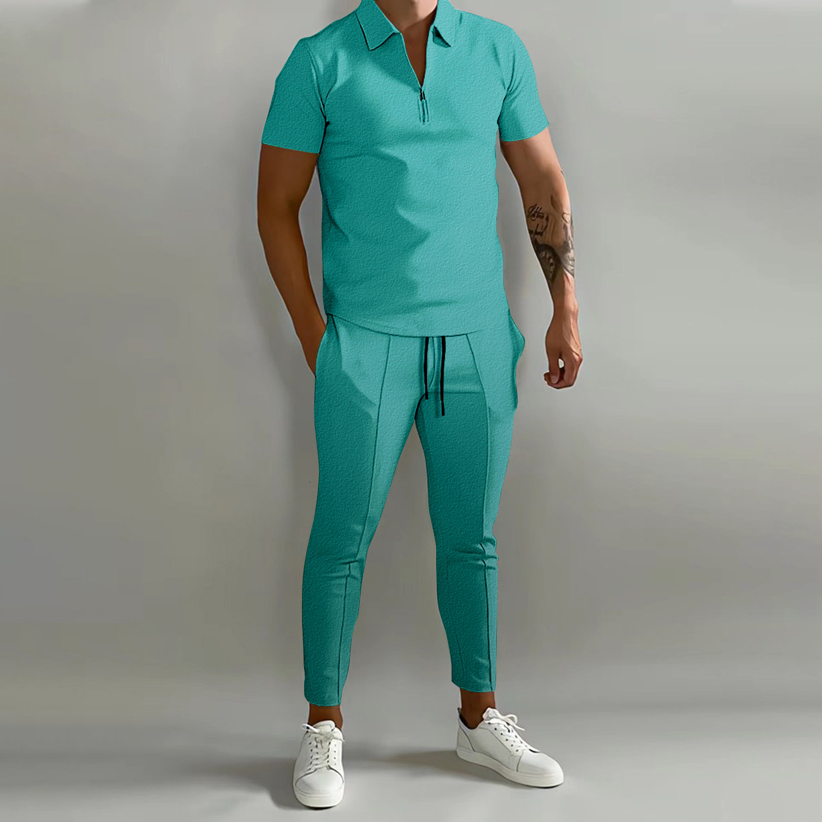 New mens 3D printed gradient short sleeved polo pants casual sports suit mens clothing
