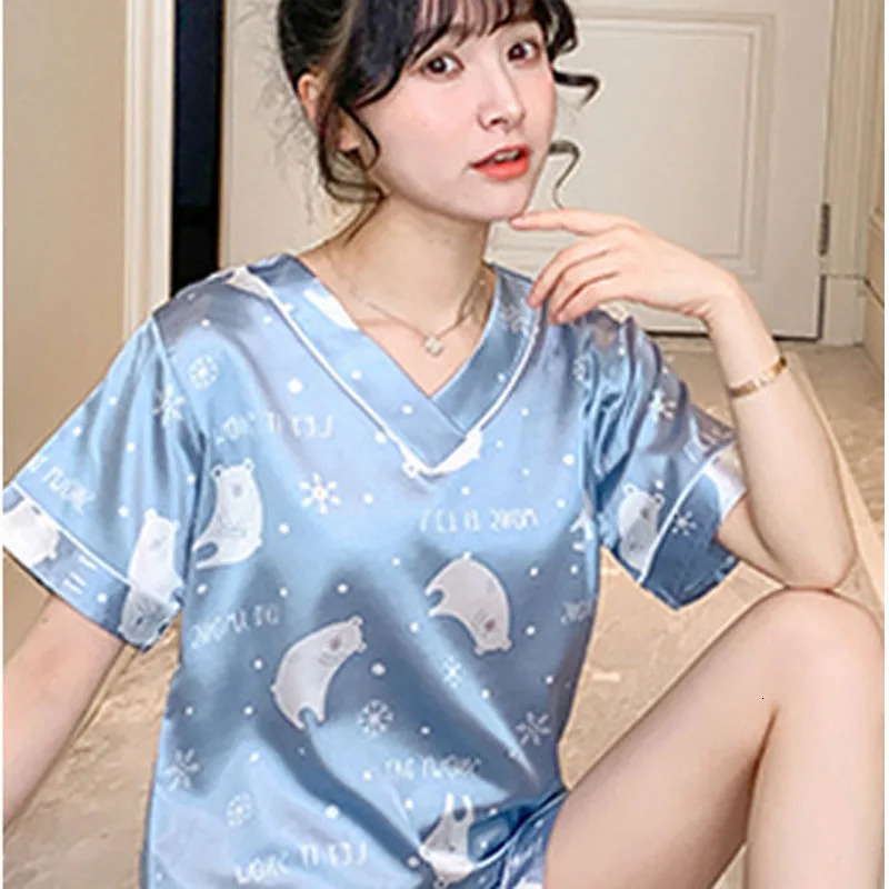 Two Sets Of Ladies Pajamas Suit Summer Ice Silk Short-Sleeved Korean Version Of The Sexy Thin Section Large Size Homewear s 250402